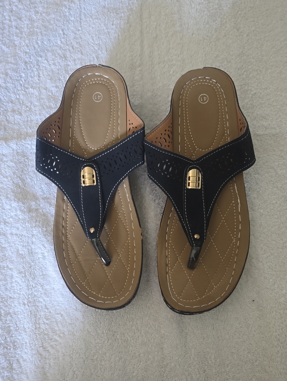 Comfort Women's Black Thong Sandals with Gold Accent